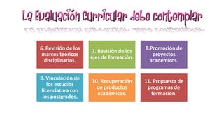 6. Revisión de los 
marcos teóricos 
disciplinarios. 
7. Revisión de los 
ejes de formación. 
8.Promoción de 
proyectos 
académicos. 
9. Vinculación de 
los estudios 
licenciatura con 
los postgrados. 
10. Recuperación 
de productos 
académicos. 
11. Propuesta de 
programas de 
formación. 
