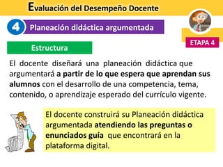 Evaluación del Desempeño Docente
Planeación didáctica argumentada
ETAPA 4
4
El docente diseñará una planeación didáctica que
argumentará a partir de lo que espera que aprendan sus
alumnos con el desarrollo de una competencia, tema,
contenido, o aprendizaje esperado del currículo vigente.
Estructura
El docente construirá su Planeación didáctica
argumentada atendiendo las preguntas o
enunciados guía que encontrará en la
plataforma digital.
 