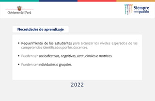 2022
Necesidades de aprendizaje
 Requerimiento de los estudiantes para alcanzar los niveles esperados de las
competencias identificados por los docentes.
 Pueden ser socioafectivas, cognitivas, actitudinales o motrices.
 Pueden ser individuales o grupales.
 