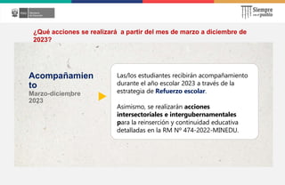 Acompañamien
to
Marzo-diciembre
2023
Las/los estudiantes recibirán acompañamiento
durante el año escolar 2023 a través de la
estrategia de Refuerzo escolar.
Asimismo, se realizarán acciones
intersectoriales e intergubernamentales
para la reinserción y continuidad educativa
detalladas en la RM Nº 474-2022-MINEDU.
¿Qué acciones se realizará a partir del mes de marzo a diciembre de
2023?
 