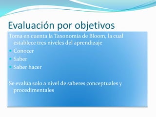 Evaluación por objetivosToma en cuenta la Taxonomía de Bloom, la cual establece tres niveles del aprendizajeConocerSaber Saber hacerSe evalúa solo a nivel de saberes conceptuales y procedimentales