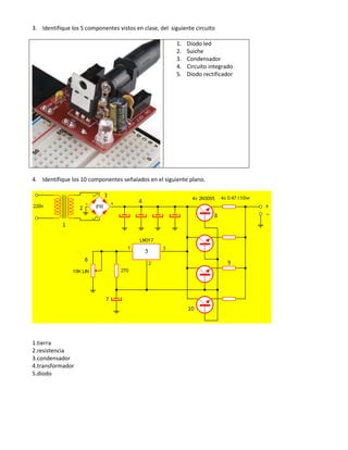 3. Identifique los 5 componentes vistos en clase, del siguiente circuito
1. Diodo led
2. Suiche
3. Condensador
4. Circuito integrado
5. Diodo rectificador
4. Identifique los 10 componentes señalados en el siguiente plano.
1.tierra
2.resistencia
3.condensador
4.transformador
5.diodo