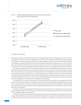 10
Gráfico 5 Medias Marginales Estimadas Puntaje Portafolio Comparable 2013,
segun Participación en PSP (Solo Básicos)
CONCLUSIONES
Al considerar el puntaje de Portafolio elaborado con los indicadores comparables y restringiendo la muestra a una cohor-
te reevaluada al cabo de cuatro años, corregida por los correctores más consistentes, puede concluirse que el progreso
de los docentes es al menos moderado. El año 2013 se realizó un informe técnico para la cohorte 2007-2011 de docentes
re-evaluados muy similar al presentado en este documento (Zapata  Herrada). Los resultados para esa cohorte eran mo-
destos, pero también positivos. Tomando una cohorte posterior, como es la de este estudio, se observan mayores ganan-
cias. En base a esta evidencia es posible que la Evaluación Docente, con 11 años de trabajo, esté dando cuenta de mejoras.
Este progreso se puede explicar, entre otros factores, por la evolución en la implementación, la cobertura y la investi-
gación que ha tenido la evaluación, que, finalmente, han logrado cada vez mayor acceso a los docentes (Manzi, González
 Sun, 2011). Un ejemplo de esto, pudiera ser la dimensión de interacción pedagógica. Inicialmente esta dimensión tenía
los resultados más bajos, pero ha tenido una evolución progresiva en los últimos cuatro años, en que los docentes que
se evalúan considerar esta dimensión como un aspecto de su desempeño a desarrollar. Lo mismo sucede en el caso de la
estructura de la clase. De esta manera se observa que la evaluación docente estaría cumpliendo con el objetivo de detectar
fortalezas y debilidades y como éstas van evolucionando a través del tiempo.
Otra hipótesis para un aumento en los puntajes es el aumento de las consecuencias de la evaluación, para salir del
sistema, con la entrada en vigencia de la ley 20.501, el año 2011. Esta ley baja la cantidad de Insatisfactorios consecutivos
de 3 a 2 y ahora considera los 3 Básicos consecutivos como causal de abandono del sistema público de educación. Dado
que el portafolio tiene gran ponderación dentro del puntaje final, puede pensarse que los docentes realizan con mayor
dedicación esta evaluación.
En cuanto a los factores, elegidos llama la atención que los que tienen mayor tasa de cambio, son los sectores en que
las pruebas estandarizadas tienen mayor presencia, como el Simce. Son asignaturas que tienen mayor atención y quizás
eso se ve reflejado también con la evaluación.
En lo formativo, la falta de efecto de los PSP puede explicarse por varias razones expuestas por Cortés, Taut, Santelices
 Lagos (2011). Entre las que se señalan está la falta de integración de la capacitación a la jornada laboral del docente,
el formato expositivo en la mayoría de ellas, su duración no sostenida en el tiempo y por el lado de los docentes la baja
 
