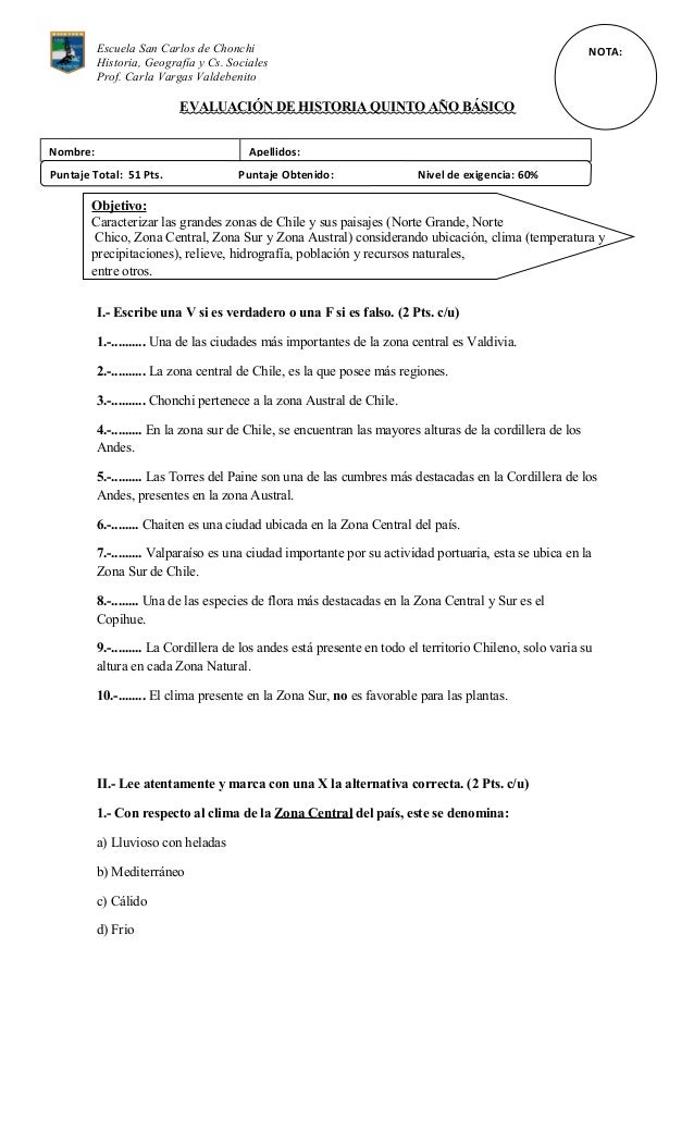 Evaluación de historia quinto año básico