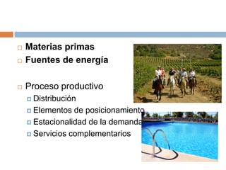  Materias primas
 Fuentes de energía
 Proceso productivo
 Distribución
 Elementos de posicionamiento
 Estacionalidad de la demanda
 Servicios complementarios
 