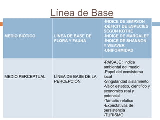 Línea de Base
MEDIO BIÓTICO LÍNEA DE BASE DE
FLORA Y FAUNA
-ÍNDICE DE SIMPSON
-DÉFICIT DE ESPECIES
SEGÚN KOTHE
-ÍNDICE DE MARGALEF
-ÍNDICE DE SHANNON
Y WEAVER
-UNIFORMIDAD
MEDIO PERCEPTUAL LÍNEA DE BASE DE LA
PERCEPCIÓN
-PAISAJE : indice
ambiental del medio
-Papel del ecosistema
local
-Singularidad aislamiento
-Valor estetico, cientifico y
economico real y
potencial
-Tamaño relatico
-Expectativas de
persistencia
-TURISMO
 
