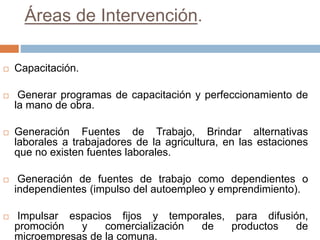 Áreas de Intervención.
 Capacitación.
 Generar programas de capacitación y perfeccionamiento de
la mano de obra.
 Generación Fuentes de Trabajo, Brindar alternativas
laborales a trabajadores de la agricultura, en las estaciones
que no existen fuentes laborales.
 Generación de fuentes de trabajo como dependientes o
independientes (impulso del autoempleo y emprendimiento).
 Impulsar espacios fijos y temporales, para difusión,
promoción y comercialización de productos de
microempresas de la comuna.
 