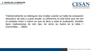 FORMANDO AGENTES DE CAMBIO
2. TEORIA DE LA MEDICIÓN
Tradicionalmente se distinguen dos niveles cuando se habla de evaluación
educativa: de aula y a gran escala. La diferencia no solo tiene que ver con
el contexto micro o macro en que se lleva a cabo la evaluación, también
tiene implicaciones de otro tipo, tal como se ilustra en la tabla 1
(Committee…, 2003):
 
