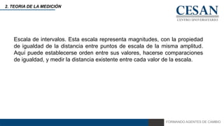 FORMANDO AGENTES DE CAMBIO
2. TEORIA DE LA MEDICIÓN
Escala de intervalos. Esta escala representa magnitudes, con la propiedad
de igualdad de la distancia entre puntos de escala de la misma amplitud.
Aquí puede establecerse orden entre sus valores, hacerse comparaciones
de igualdad, y medir la distancia existente entre cada valor de la escala.
 