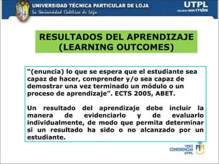 “(enuncia) lo que se espera que el estudiante sea
capaz de hacer, comprender y/o sea capaz de
demostrar una vez terminado un módulo o un
proceso de aprendizaje”. ECTS 2005, ABET.
Un resultado del aprendizaje debe incluir la
manera de evidenciarlo y de evaluarlo
individualmente, de modo que permita determinar
si un resultado ha sido o no alcanzado por un
estudiante.
RESULTADOS DEL APRENDIZAJE
(LEARNING OUTCOMES)
 