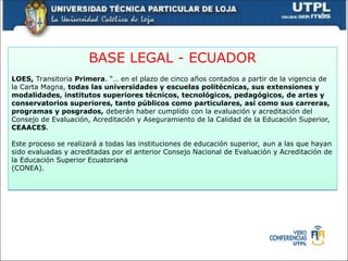 BASE LEGAL - ECUADOR
LOES, Transitoria Primera. “… en el plazo de cinco años contados a partir de la vigencia de
la Carta Magna, todas las universidades y escuelas politécnicas, sus extensiones y
modalidades, institutos superiores técnicos, tecnológicos, pedagógicos, de artes y
conservatorios superiores, tanto públicos como particulares, así como sus carreras,
programas y posgrados, deberán haber cumplido con la evaluación y acreditación del
Consejo de Evaluación, Acreditación y Aseguramiento de la Calidad de la Educación Superior,
CEAACES.
Este proceso se realizará a todas las instituciones de educación superior, aun a las que hayan
sido evaluadas y acreditadas por el anterior Consejo Nacional de Evaluación y Acreditación de
la Educación Superior Ecuatoriana
(CONEA).
 