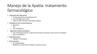 Manejo de la Apatía: tratamiento
farmacológico
• Sospecha de depresión.
• Prueba terapéutica con Antidepresivos.
• Usar Antidepresivos duales.
• Evitar los ISRS y fármacos antidopaminérgicos.
• Inhibidores de la Colinesterasa:
• Demencia.
• TEC
• EPI y Rivastigmina.
• Agonistas Dopaminérgicos:
• EPI y Pramipexol luego de cirugía de estimulación profunda y disminución de Levodopa.
• ACV y Amantadina,
• Antidepresivos:
• Selegilina o Burpopion.
• Estimulantes:
• EA y Metilfenidato.
• Modafinilo sólo demostró utilidad en reporte de casos.
 