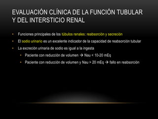 EVALUACIÓN CLÍNICA DE LA FUNCIÓN TUBULAR
Y DEL INTERSTICIO RENAL
• Funciones principales de los túbulos renales: reabsorción y secreción
• El sodio urinario es un excelente indicador de la capacidad de reabsorción tubular
• La excreción urinaria de sodio es igual a la ingesta
• Paciente con reducción de volumen  Nau < 10-20 mEq
• Paciente con reducción de volumen y Nau > 20 mEq  fallo en reabsorción
 