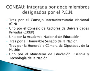 Creación de la Secretaría de Políticas Universitarias (SPU) desde donde se opera con dos  dispositivos básicos:cambio en las formas de financiamientoincorporación de mecanismos de evaluación