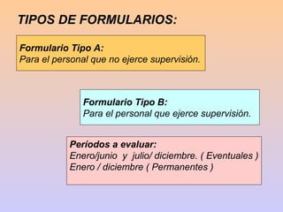 TIPOS DE FORMULARIOS:

Formulario Tipo A:
Para el personal que no ejerce supervisión.



               Formulario Tipo B:
               Para el personal que ejerce supervisión.


           Períodos a evaluar:
           Enero/junio y julio/ diciembre. ( Eventuales )
           Enero / diciembre ( Permanentes )
 