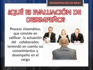 ¿QUÉ ES EVALUACIÓN DE
DESEMPEÑO?
Proceso sistemático,
que consiste en
calificar la actuación
del colaborador,
teniendo en cuenta sus
conocimientos y
desempeño en el
cargo
ADMINISTRACIÓN DE RRHH
 