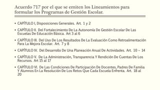 Acuerdo 717 por el que se emiten los Lineamientos para
formular los Programas de Gestión Escolar.
 CAPÍTULO I, Disposiciones Generales. Art. 1 y 2
 CAPÍTULO II. Del Fortalecimiento De La Autonomía De Gestión Escolar De Las
Escuelas De Educación Básica. Art 3 al 6
 CAPÍTULO III. Del Uso De Los Resultados De La Evaluación Como Retroalimentación
Para La Mejora Escolar. Art. 7 y 8
 CAPÍTULO IV. Del Desarrollo De Una Planeación Anual De Actividades. Art. 10 – 14
 CAPÍTULO V. De La Administración, Transparencia Y Rendición De Cuentas De Los
Recursos. Art 15 al 17
 CAPÍTULO VI. De Las Condiciones De Participación De Docentes, Padres De Familia
Y Alumnos En La Resolución De Los Retos Que Cada Escuela Enfrenta. Art. 18 al
20
 