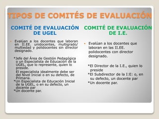 TIPOS DE COMITÉS DE EVALUACIÓN
COMITÉ DE EVALUACIÓN
DE UGEL
COMITÉ DE EVALUACIÓN
DE I.E.
 Evalúan a los docentes que laboran
en II.EE. unidocentes, multigrado/
multiedad y polidocentes sin director
designado.
*Jefe del Área de Gestión Pedagógica
o un Especialista de Educación de la
UGEL, que lo represente, quien lo
preside.
El especialista idealmente debe ser
del Nivel Inicial o en su defecto, de
Primaria.
*Un Especialista de Educación Inicial
de la UGEL, o en su defecto, un
docente par
*Un docente par.
 Evalúan a los docentes que
laboran en las II.EE.
polidocentes con director
designado.
*El Director de la I.E., quien lo
preside
*El Subdirector de la I:E: o, en
su defecto, un docente par
*Un docente par.
 