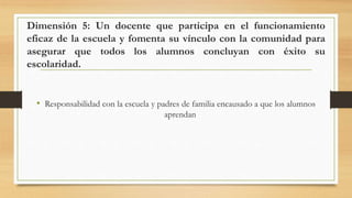 Dimensión 5: Un docente que participa en el funcionamiento
eficaz de la escuela y fomenta su vínculo con la comunidad para
asegurar que todos los alumnos concluyan con éxito su
escolaridad.
• Responsabilidad con la escuela y padres de familia encausado a que los alumnos
aprendan
 