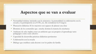 Aspectos que se van a evaluar
• Normalidad mínima: iniciando con la asistencia y la puntualidad, la colaboración con la
escuela y la participación en el CTE, etc. (Se consideran los 8 rasgos)
• Planeación didáctica: Si los maestros son capaces de planear una clase
• Dominio de los contenidos que enseña: domina la materia de enseñanza
• Ambiente de aula: implica crear un ambiente que sea propicio al aprendizaje tanto
pedagógico como socio afectivo
• Capacidad de desarrollar prácticas didácticas pertinentes
• Colaboración con la escuela
• Diálogo que establece cada docente con los padres de familia
 