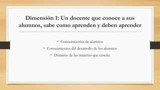 Dimensión 1: Un docente que conoce a sus
alumnos, sabe como aprenden y deben aprender
• Conocimientos de alumnos
• Conocimientos del desarrollo de los alumnos
• Dominio de las materias que enseña
 