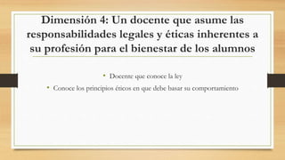 Dimensión 4: Un docente que asume las
responsabilidades legales y éticas inherentes a
su profesión para el bienestar de los alumnos
• Docente que conoce la ley
• Conoce los principios éticos en que debe basar su comportamiento
 