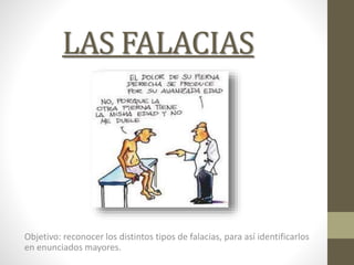 LAS FALACIAS
Objetivo: reconocer los distintos tipos de falacias, para así identificarlos
en enunciados mayores.
 