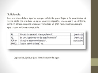 Suficiencia:
Las premisas deben aportar apoyo suficiente para llegar a la conclusión. A
veces basta con mostrar un caso, una investigación, una causa o un síntoma,
pero en otras ocasiones se requiere mostrar un gran número de casos para
que la conclusión sea aceptable.
Capacidad, aptitud para la realización de algo:
 