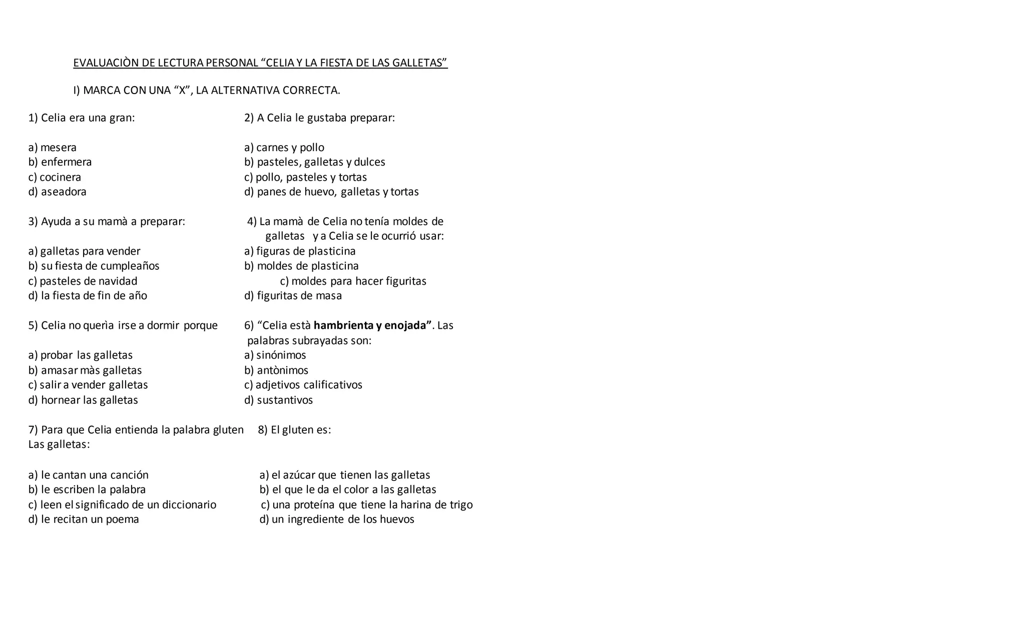 Evaluaciòn de lectura personal Celia y la fiesta de las galletas PPT