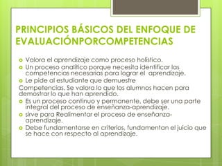 PRINCIPIOS BÁSICOS DEL ENFOQUE DE
EVALUACIÓNPORCOMPETENCIAS
 Valora el aprendizaje como proceso holístico.
 Un proceso analítico porque necesita identificar las
  competencias necesarias para lograr el aprendizaje.
 Le pide al estudiante que demuestre
Competencias. Se valora lo que los alumnos hacen para
demostrar lo que han aprendido.
 Es un proceso continuo y permanente, debe ser una parte
  integral del proceso de enseñanza-aprendizaje.
 sirve para Realimentar el proceso de enseñanza-
  aprendizaje.
 Debe fundamentarse en criterios, fundamentan el juicio que
  se hace con respecto al aprendizaje.
 