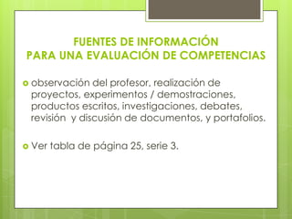FUENTES DE INFORMACIÓN
PARA UNA EVALUACIÓN DE COMPETENCIAS

 observación  del profesor, realización de
 proyectos, experimentos / demostraciones,
 productos escritos, investigaciones, debates,
 revisión y discusión de documentos, y portafolios.

 Ver   tabla de página 25, serie 3.
 
