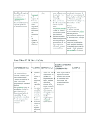 describirse de manera        a               ntos.              observada, así como   puso de pié y preguntó si
breve, tal como se           lamemori                           la duración y los     podía leer un poema que él
presentaron y                a el                               datos del             mismo había escrito sobre "
lainterpretación de          registro de                        observador.           La Primavera ", viendo
éstos se va a                hechos o                           Debe hacerse uso      constantemente el papel en
desarrollar de manera        acontecim                          de este instrumento   donde estaba escrito.
separada, junto con          ientos                             sólo en aquellas
                                                                                      Reverso:
las recomendaciones.         important                          áreas
                                                                                      Interpretación:
                             es para la                         delcomportamiento
                                                                                      El alumno presenta
                             evaluación                          donde no puedan
                                                                                      inclinación hacia la poesía,
                             del                                valorarse con otros
                                                                                      pero fue presa del
                             aprendizaj                         instrumentos.
                                                                                      nerviosismo al leer algo de
                             e.                                 En caso necesario,
                                                                                      su creación frente al grupo.
                             Se                                 los acontecimientos
                             visualiza                          suscitados deberán    Recomendación:
                             el logro de                        acompañarse de un     Fomentar su inclinación
                             objetivos.                         breve marco de        hacia la poesía mediante
                                                                referencia para ser   ejercicios de participación
                                                                comprensibles.        grupal, a fin de propiciar
                                                                                      la seguridad en él mismo.




B.4.6 ESCALAS DE EVALUACIÓN

                                                                    RECOMENDACIONES
                                                                    PARA SU
CARACTERÍSTICAS              VENTAJAS DESVENTAJAS                                   EJEMPLO
                                                                    CONSTRUCCIÓN

                                Facilitan       Por sí solo, este     Debe explicitarse el
Este instrumento es
                                la              instrumento no        significado de cada
conocido también como
                                evaluació       proporciona           número de la escala.
"escalas estimativas".
                                n de            elementos para        El evaluador debe
Consiste en una serie de
                                objetivos       poder tener un        determinar sus
frases u oraciones
                                muy             panorama              propias escalas de
precedidas por una escala
                                específico      general de lo         productos.
donde el
                                s.              que se pretende
docente marca según su
                                Los datos       evaluar, ya que
apreciación, el nivel en
                                obtenidos       sólo se enfoca a
que se encuentra el
                                permiten        ciertos aspectos
alumno, en relación al
                                observar        específicos.
estado ideal de una
                                el avance       Pueden
característica específica.
                                de los          implicar juicios
De este instrumento se
                                alumnos.        de valorde
presentan algunas
                                Permiten        quien evalúa.
variantes:
                                centrarse
                                en los
                                aspectos
                                a evaluar
                                sin
 