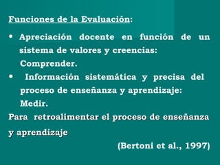 Funciones de la Evaluación:
• Apreciación docente en función de un
sistema de valores y creencias:
Comprender.
• Información sistemática y precisa del
proceso de enseñanza y aprendizaje:
Medir.
Para retroalimentar el proceso de enseñanzaPara retroalimentar el proceso de enseñanza
y aprendizajey aprendizaje
(Bertoni et al., 1997)
 