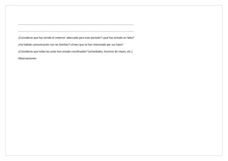 .......................................................................................................................................................

.......................................................................................................................................................

¿Consideras que has tenido el material adecuado para este periodo? ¿qué has echado en falta?

¿Ha habido comunicación con las familias? ¿Crees que se han interesado por sus hijos?

¿Consideras que todas las aulas han estado coordinadas? (actividades, horarios de clases, etc.)

Observaciones:
 