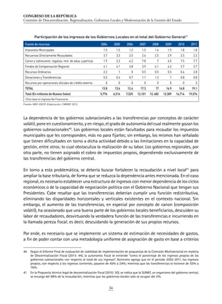 CONGRESO DE LA REPÚBLICA
Comisión de Descentralización, Regionalización, Gobiernos Locales y Modernización de la Gestión del Estado
34
La dependencia de los gobiernos subnacionales a las transferencias por conceptos de carácter
volátil, pone en cuestionamiento, y en riesgo, el grado de autonomía del cual realmente gozan los
gobiernos subnacionales40
. Los gobiernos locales están facultados para recaudar los impuestos
municipales que les corresponden, más no para fijarlos; sin embargo, los mismos han señalado
que tienen dificultades en torno a dicha actividad debido a las limitaciones en la capacidad de
gestión, entre otros; lo cual obstaculiza la realización de su labor. Los gobiernos regionales, por
otra parte, no tienen asignado el cobro de impuestos propios, dependiendo exclusivamente de
las transferencias del gobierno central.
En torno a esta problemática, se debería buscar fortalecer la recaudación a nivel local41
para
ampliar la base tributaria, de forma que se reduzca la dependencia antes mencionada. En el caso
regional, es necesario establecer una estructura de ingresos con menor dependencia de los ciclos
económicos o de la capacidad de negociación política con el Gobierno Nacional que tengan sus
Presidentes. Cabe resaltar que las transferencias deberían cumplir una función redistributiva,
eliminando las disparidades horizontales y verticales existentes en el contexto nacional. Sin
embargo, el aumento de las transferencias, en especial por concepto de canon (composición
volátil), ha ocasionado que una buena parte de los gobiernos locales beneficiarios, descuiden su
labor de recaudadores, desvirtuando la verdadera función de las transferencias e incurriendo en
la llamada pereza fiscal; es decir, descuidando la generación de sus propios recursos.
Por ende, es necesario que se implemente un sistema de estimación de necesidades de gastos,
a fin de poder contar con una metodología uniforme de asignación de gasto en base a criterios
40	 Según el Informe Final de evaluación de viabilidad de implementación de propuestas de la Comisión Multisectorial en materia
de Descentralización Fiscal (2013: 44), la autonomía fiscal se entiende “como el porcentaje de los ingresos propios de los
gobiernos subnacionales con respecto al total de sus ingresos”. Asimismo agrega que en el periodo 2002-2011, los ingresos
propios, con respecto a los ingresos corrientes, pasaron de 45% a 24%; mientras que las transferencias lo hicieron de 55% a
76%.
41	 En la Propuesta técnico legal de descentralización fiscal (2010: 30), se indica que la SUNAT, un organismo del gobierno central,
se encarga del 98% de la recaudación; mientras que los gobiernos locales solo se ocupan del 2%.
Participación de los ingresos de los Gobiernos Locales en el total del Gobierno General1/
Fuente de recursos 2004 2005 2006 2007 2008 2009 2010 2011
Impuestos Municipales 1.5 1.5 1.2 1.5 1.6 1.9 1.8 1.8
Recuersos Directamente Recaudados 3.7 3.3 2.5 2.4 2.5 2.9 2.5 2.3
Canon y sobrecanon, regalias, rent. de adua. y particip. 1.9 3.3 4.2 7.8 7 6.5 7.5 7.7
Fondos de Compensación Regional 4.1 4.1 3.8 3.9 4.1 4.2 3.7 3.7
Recursos Ordinarios 2.2 1 0 0.5 0.5 0.5 0.4 2.8
Donaciones y Transferencias 0.3 0.4 0.7 1.1 1.3 1 0.8 0.8
Recursos por operaciones oficiales de crédito externo 0 0 0 0 0 0 0 0
TOTAL 13.8 13.6 12.4 17.3 17 16.9 16.8 19.1
Total (En millones de Nuevos Soles) 5,776 6,516 7,525 12,101 13, 482 12,309 14,714 19,574
1/Con base en Ingresos No Financieros
Fuente: MEF-DGCP. Elaboración: CMMDF 2012.
 