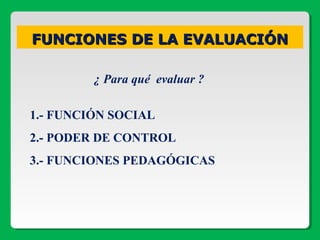 FUNCIONES DE LA EVALUACIÓNFUNCIONES DE LA EVALUACIÓN
¿ Para qué evaluar ?
1.- FUNCIÓN SOCIAL
2.- PODER DE CONTROL
3.- FUNCIONES PEDAGÓGICAS
 