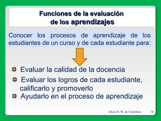 Alicia R. W. de Camilloni 18
Funciones de la evaluaciónFunciones de la evaluación
de losde los aprendizajesaprendizajes
Conocer los procesos de aprendizaje de los
estudiantes de un curso y de cada estudiante para:
Evaluar la calidad de la docencia
Evaluar los logros de cada estudiante,
calificarlo y promoverlo
Ayudarlo en el proceso de aprendizaje
 
