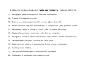 B. ÍTEMS DE EVALUACIÓN DE LAS FASES DEL PROYECTO                  (MÁXIMO 3 PUNTOS)

11. Es capaz de fijar el tema objeto de análisis e investigación.

12. Propone títulos para el proyecto.

13. Expresa conocimientos previos sobre el tema. (¿Qué sabemos?)

14. Avanza mediante preguntas en el análisis y la comprensión. (¿Qué queremos saber?)

15. Es capaz de encontrar puntos en común en las cuestiones planteadas.

16. Organiza las cuestiones planteadas en las diversas categorías.

17. Es capaz de encontrar información relevante en las diversas fuentes de información.

18. La información que aporta tiene relación con el tema.

19. Explica con sus palabras la idea principal de una lectura o explicación.

20. Plantea y revisa el índice.

21. Crea textos coherentes para la elaboración de un dossier.

22. Colabora en la revisión de los textos propuestos.
 