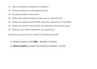 23. Aporta vocabulario al hospital de las palabras.

24. Utiliza correctamente el procesador de textos.

25. Es capaz de publicar información.

26. Elabora adecuados materiales de apoyo para la exposición oral.

27. Realiza una exposición oral sencilla, coherente y rigurosa con el contenido.

28. Realiza una escucha activa durante las exposiciones de los demás grupos.

29. Participa en los debates posteriores a las exposiciones.


*Cada ítem se puntúa de 0 a 3, siendo 3 la máxima puntuación.



  C. PRUEBA OBJETIVA TIPO TEST          (MÁXIMO 3 PUNTOS)

  D. TODO EL GRUPO ALCANZA LOS OBJETIVOS (MÁXIMO 1 PUNTO)
 