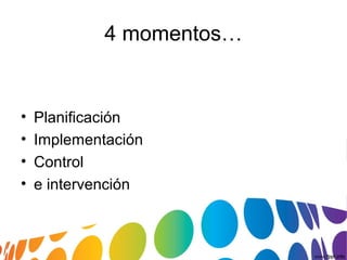 4 momentos…
• Planificación
• Implementación
• Control
• e intervención
 