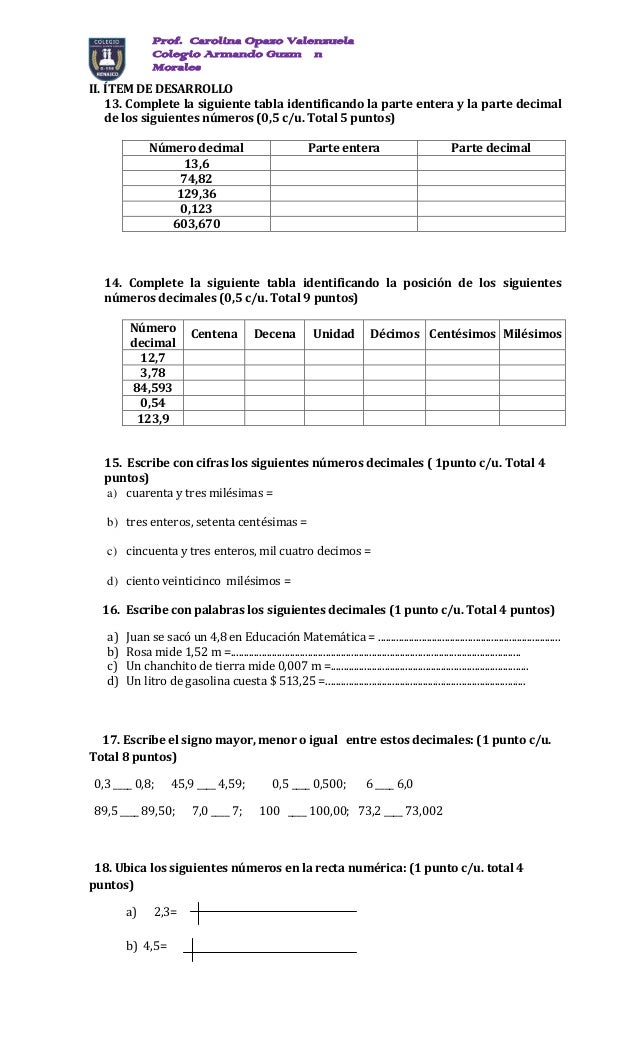 Evaluación de matemática decimales 5°