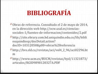 BIBLIOGRAFÍA
0 Obras de referencia. Consultado el 2 de mayo de 2014,
en la dirección web http://ocw.usal.es/ciencias-
sociales-1/fuentes-de-informacion/contenidos/2.pdf
0 http://site.ebrary.com.bd.uniquindio.edu.co/lib/bibli
ouquindiosp/docDetail.action?
docID=10312050&p00=obras%20referencia
0 http://bvs.sld.cu/revistas/aci/vol4_2_96/aci02296.ht
m
0 http://www.ucm.es/BUCM/revistas/byd/11321873/
articulos/RGID9898120327A.PDF
 
