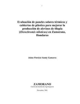 i
Evaluación de paneles solares térmicos y
cubiertas de plástico para mejorar la
producción de alevines de tilapia
(Oreochromis niloticus) en Zamorano,
Honduras
Jaime Patricio Sandy Gamarra
ZAMORANO
Carrera de Gestión de Agronegocios
Diciembre, 2001
 