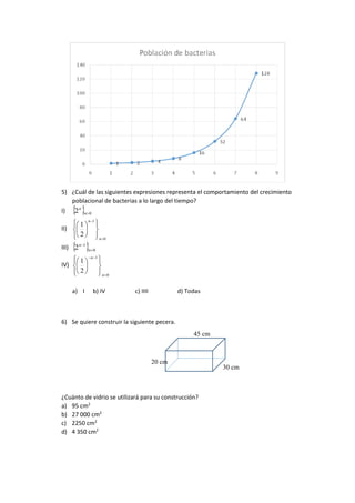 5) ¿Cuál de las siguientes expresiones representa el comportamiento del crecimiento
poblacional de bacterias a lo largo del tiempo?
I)   02 n
n
II)
0
1
2
1
















n
n
III)   0
1
2 

n
n
IV)
0
1
2
1
















n
n
a) I b) IV c) IIII d) Todas
6) Se quiere construir la siguiente pecera.
¿Cuánto de vidrio se utilizará para su construcción?
a) 95 cm2
b) 27 000 cm2
c) 2250 cm2
d) 4 350 cm2
45 cm
20 cm
30 cm
 
