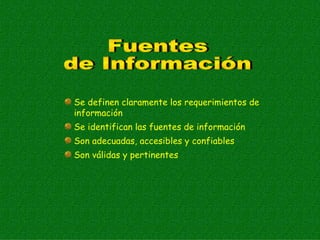 Se definen claramente los requerimientos de
información
Se identifican las fuentes de información
Son adecuadas, accesibles y confiables
Son válidas y pertinentes
 