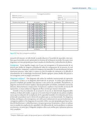 Ingeniería del proyecto 93
sentación del proceso, no sólo donde se pueda observar el recorrido de materiales, sino tam-
bién que el recorrido ya esté optimizado en términos de la distancia recorrida. Por tanto, estos
diagramas son más apropiados para hacer estudios de distribución y redistribución de planta.
Iconograma Icono signiica imagen, por lo que un iconograma es la representación de un
proceso por medio de imágenes estilizadas de todos los componentes de un proceso, lo cual
incluye hombres, máquinas y medios de transporte de materiales. Es una herramienta útil para
representar procesos, sobre todo si a quien va a leer el estudio de evaluación se le diiculta el
entendimiento de la simbología internacional. Pueden agregarse tantos detalles del proceso a
un iconograma como se juzgue conveniente.
Diagrama sinóptico2 Este diagrama sólo utiliza los símbolos internacionales de operación
y transporte, es decir, es un diagrama sintetizado de un proceso. Se utiliza para representar
procesos complejos que puedan tener decenas o aun cientos de actividades. Precisamente, el
diagrama mostrará de manera rápida y clara las principales actividades, omitiendo mostrar las
demoras, almacenamiento e inspecciones. Si el proceso a analizar es muy sencillo, no más de 30
operaciones, es mejor utilizar un diagrama de lujo normal que intentar sintetizarlo.
Cuando se hace la evaluación de un proyecto, el uso de un determinado diagrama debe
obedecer al objeto del estudio, ya que no es lo mismo hacer el estudio de una planta completa
nueva que la evaluación de la ampliación de la capacidad instalada o la evaluación para lanzar
al mercado un producto nuevo dentro de una planta que ya está funcionando. Los diagramas
de lujo, de bloques y los iconogramas, son útiles para evaluaciones de nuevas instalaciones; el
cursograma analítico y los diagramas de recorrido e hilos, son más apropiados para hacer estu-
dios de distribuciones o redistribuciones, y no para representar los procesos, es decir, se utilizan
más en estudios de ampliación de capacidad o de elaboración de nuevos productos en plantas
ya existentes, en tanto que el diagrama sinóptico sólo es un auxiliar para representar procesos
muy complejos.
Figura 3.9 Hoja de cursograma analítico.
Cursograma analítico
a
h
c
e
F
l
a
u
t
c
a
o
d
o
t
é
M
ó
r
o
b
a
l
E
o
t
s
e
u
p
o
r
p
o
d
o
t
é
M
.
t
a
c
e
d
.
m
ú
N
Detalles del método Actividad Tiempo Distancia Observaciones
TOTALES
2 Sinóptico. Palabra que se aplica a lo que permite apreciar con brevedad y claridad las distintas partes de un todo.
 