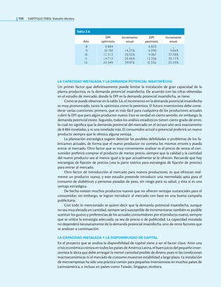 108 CaPítulo TRES: Estudio técnico
LA CAPACIDAD INSTALADA Y LA DEMANDA POTENCIAL INSATISFECHA
Un primer factor que deinitivamente puede limitar la instalación de gran capacidad de la
planta productiva, es la demanda potencial insatisfecha. De acuerdo con las cifras obtenidas
en el estudio de mercado, donde la DPI es la demanda potencial insatisfecha, se tiene:
Como se puede observar en la tabla 3.6, el incremento en la demanda potencial insatisfecha
es muy pronunciado, tanto la optimista como la pesimista. El futuro inversionista debe consi-
derar varias cuestiones: primero, que es más fácil para cualquiera de los productores actuales
cubrir la DPI que para algún productor nuevo. Esto es verdad en cierto sentido, sin embargo, la
demanda potencial existe. Segundo, todos los análisis estadísticos tienen cierto grado de error,
lo cual no signiica que la demanda potencial del mercado en el octavo año será exactamente
de 8 884 toneladas, y ni una tonelada más. El consumidor actual o potencial preferirá un nuevo
producto siempre que le ofrezca alguna ventaja.
La planeación estratégica sugiere detectar las posibles debilidades o problemas de los fa-
bricantes actuales, de forma que el nuevo productor no cometa los mismos errores y pueda
entrar al mercado. Otro factor que es muy conveniente analizar es el precio de venta; el con-
sumidor preferirá comprar el producto de menor precio, siempre que la calidad y la cantidad
del nuevo producto sea al menos igual a la que actualmente se le ofrecen. Recuerde que hay
estrategias de ijación de precios (vea la parte teórica para estrategias de ijación de precios)
para entrar al mercado.
Otro factor de introducción al mercado para nuevos productores, es que ofrezcan real-
mente un producto nuevo, y este estudio pretende introducir una mermelada apta para el
consumo de diabéticos y personas pasadas de peso, sin riesgo para su salud, y ésta sí es una
ventaja estratégica.
De hecho existen muchos productos nuevos que no ofrecen ventajas sustanciales para el
consumidor; sin embargo, se logran introducir al mercado con base en una buena campaña
publicitaria.
Con todo lo mencionado se quiere decir que la demanda potencial insatisfecha, aunque
no sea muy elevada en cantidad, siempre será susceptible de incrementarse; también es posible
sustituir los gustos y preferencias de los actuales consumidores por el producto nuevo, siempre
que se utilice la estrategia adecuada, ya sea de precio o de publicidad. La capacidad instalada
no dependerá necesariamente de la demanda potencial insatisfecha, sino de otros factores que
se analizan a continuación.
LA CAPACIDAD INSTALADA Y LA DISPONIBILIDAD DE CAPITAL
En el proyecto que se analiza la disponibilidad de capital viene a ser el factor clave. Ante una
crisis económica crónica en todos los países de América Latina, el buen juicio del pequeño inver-
sionista le dicta que debe arriesgar la menor cantidad posible de dinero, pues ni las condiciones
macroeconómicas ni el mercado de consumo muestran estabilidad a largo plazo. La instalación
de microempresas ha sido una práctica común para pequeños inversionistas en muchos países de
Latinoamérica, e incluso en países como Taiwán, Singapur, etcétera.
Tabla 3.6
Año
DPI
optimista
Incremento
anual
DPI
pesimista
Incremento
anual
8
9
10
1
1
12
8 884
10 150
12 213
14 713
20 549
_
14.25%
20.32%
20.46%
39.97%
6 820
6 590
9 067
12 256
15 356
_
9.66%
37.58%
35.17%
25.29%
 