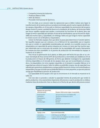 114 CaPítulo TRES: Estudio técnico
• Compañía Universal de Industrias.
• Productos Básicos FENS.
• Helm de México.
• Proveedor Internacional de Químicos.
Por otro lado, ya se conocen todas las operaciones que se deben realizar para lograr la
transformación de la materia prima en producto terminado, para lo cual se requiere de diferen-
tes equipos, disponibles en el mercado en distintas capacidades; los promotores del proyecto
desean invertir la menor cantidad de dinero en la instalación de la planta, de forma que habrá
que buscar aquellos equipos que ayuden a automatizar las funciones de la planta, pero que
tengan la menor capacidad; por ejemplo, el caso de las esterilizadoras, que se encuentran dispo-
nibles de muchos tipos y capacidades, sin embargo, habrá una que tenga la menor capacidad.
Lo mismo ocurre con la llenadora y etiquetadora.
Existen los llamados equipos clave que darán la pauta para determinar el tamaño óptimo.
Son aquellos equipos que son costosos y no se fabrican en las capacidades que se requiere,
sino que se venden en capacidades estandarizadas; por ejemplo, no es posible construir una
etiquetadora con capacidad de quince etiquetas por minuto, en tanto que hay muchos equi-
pos industriales que se construyen de acuerdo con las necesidades del usuario, básicamente
los tanques de acero inoxidable. En el proceso de producción de mermeladas los equipos se
muestran en la tabla 3.7.
Para iniciar la optimización de la planta, se debe partir del hecho de que sólo se va a en-
vasar mermelada de fresa normal (95% de la producción) y mermelada para diabéticos (5% de
la producción) en frascos de 500 gramos, de forma que deberán investigarse las capacidades
mínimas disponibles en el mercado de los equipos clave, que son la esterilizadora, la envasa-
dora y la etiquetadora. Los otros equipos requeridos en el proyecto se pueden fabricar en la
capacidad que solicite el usuario. Sobre la caldera es preferible comprar una de capacidad muy
sobrada para posteriores ampliaciones; y aunque podría hacerse lo mismo con la esterilizadora y
etiquetadora, hay que recordar que es preferible fabricar en lotes pequeños, ya que esta práctica
otorga gran lexibilidad al proceso de producción.
Las capacidades de los equipos clave que se encontraron en el mercado se muestran en la
tabla 3.8.
Con este dato se procede a calcular la capacidad mínima de producción que tendrá la
planta productiva. Una característica importante del proceso es que la producción se elabora
mediante lotes de producción. Esto se observa en el hecho de que dentro del proceso existen
Tabla 3.7
Equipos de capacidad
estandarizada Equipos fabricantes según necesidades
Esterilizador
Llenadora
Etiquetadora
Caldera
Montacargas
Tanques de acero inoxidable (AI)
Tanques enchateados de AI
Tuberías
Bombas
Bandas
Lavadoras de aspersión
Tabla 3.8
Equipo clave Capacidad disponible
Llenadora
Esterilizadora
Etiquetadora
1 500 frascos de 500 g/h
1 metro cúbico (o múltiplos de metro cúbico)
1 500 frascos de 500 g/h
 