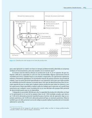 Caso práctico: Estudio técnico 119
Almacén de materias primas Almacén de producto terminado
Tanque de mezcla
de ingredientes
Lavadora
de fruta
Válvula de paso
Bomba eléctrica de AI
Tubería de AL
Banda transportadora
Circular bien todos
Etiquetadora
Tres tanques de
mezcla y escalde
Dos tanques de
concentración
Zona de
enfriamiento
Preesterilizadora
de frascos
Ventilador
Esterilizadora
Envasadora
Zona de estiba
de frascos llenos
Tapadora
Figura 3.17 Distribución del equipo en el área de producción.
para cada operación se realizó con base en tiempos predeterminados obtenidos en empresas
similares en funcionamiento, pero esos estudios no se muestran aquí.22
El número total de obreros directos en producción es de 14, en el supuesto de que tra-
bajarán a 80% de su capacidad, lo cual es lo más recomendable. Algunas operaciones como el
mondado de la fruta, trasladar frascos a una banda o empacarlos, son operaciones repetitivas,
tediosas y físicamente agotadoras. Se recomienda rotación de puestos durante una jornada de
trabajo, y que no exista personal especializado en una operación única para que todos puedan
ser cambiados de función durante la jornada diaria. Este tipo de determinaciones lleva al con-
cepto japonés de que es mejor para cualquier planta productiva que todos los obreros, y aun
los supervisores, hayan aprendido a realizar todos los trabajos que se ejecutan, así cuando haya
ausentismo por cualquier causa, la producción no se vea afectada sólo porque faltó personal
de determinado puesto que es un especialista.
Trabajando en promedio 300 días por año, la capacidad de producción obtenida, con base
en la optimización en el uso de los equipos clave es de 1 050 toneladas anuales, que viene a
ser 11.8% de la demanda potencial insatisfecha para el primer año de operación, bajo un es-
cenario optimista y de 15.39% de la demanda potencial bajo un escenario pesimista. Observe
también que con sólo aumentar turnos de trabajo se puede triplicar la producción sin inversión
adicional en activo ijo.
22 La determinación de los tiempos de cada operación se puede realizar con base en tiempos predeterminados
conocidos también como estudio de tiempos y movimientos.
 