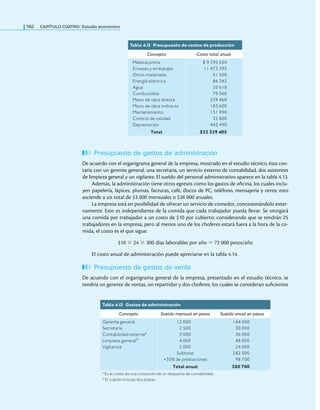 162 CaPítulo CuatRo: Estudio económico
Presupuesto de gastos de administración
De acuerdo con el organigrama general de la empresa, mostrado en el estudio técnico, ésta con-
taría con un gerente general, una secretaria, un servicio externo de contabilidad, dos asistentes
de limpieza general y un vigilante. El sueldo del personal administrativo aparece en la tabla 4.13.
Además, la administración tiene otros egresos como los gastos de oicina, los cuales inclu-
yen papelería, lápices, plumas, facturas, café, discos de PC, teléfono, mensajería y otros; esto
asciende a un total de $3 000 mensuales o $36 000 anuales.
La empresa está en posibilidad de ofrecer un servicio de comedor, concesionándolo exter-
namente. Esto es independiente de la comida que cada trabajador pueda llevar. Se otorgará
una comida por trabajador a un costo de $10 por cubierto; considerando que se tendrán 25
trabajadores en la empresa, pero al menos uno de los choferes estará fuera a la hora de la co-
mida, el costo es el que sigue:
$10 × 24 × 300 días laborables por año = 72 000 pesos/año
El costo anual de administración puede apreciarse en la tabla 4.14.
Presupuesto de gastos de venta
De acuerdo con el organigrama general de la empresa, presentado en el estudio técnico, se
tendría un gerente de ventas, un repartidor y dos choferes, los cuales se consideran suicientes
Tabla 4.1
2 presupuesto de costos de producción
Concepto Costo total anual
Materia prima
Envases y embalajes
Otros materiales
Energía eléctrica
Agua
Combustible
Mano de obra directa
Mano de obra indirecta
Mantenimiento
Control de calidad
Depreciación
$ 9 295 650
11 473 395
51 500
86 342
20 618
70 560
539 460
183 600
131 990
32 800
443 490
Total $22 329 405
Tabla 4.13 Gastos de administración
Concepto Sueldo mensual en pesos Sueldo anual en pesos
Gerente general
Secretaria
Contabilidad externaa
Limpieza generalb
Vigilancia
12 000
2 500
3 000
4 000
2 000
Subtotal
+35% de prestaciones
144 000
30 000
36 000
48 000
24 000
282 000
98 700
Total anual 380 700
a Es el costo de una cotización de un despacho de contabilidad.
b El sueldo incluye dos plazas.
 